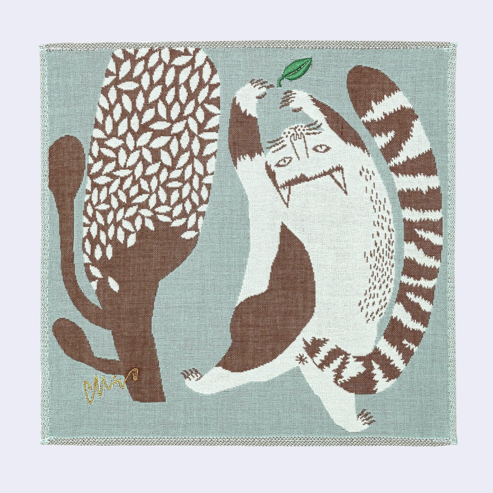Cat and Tree Square Handkerchief (Light Blue)