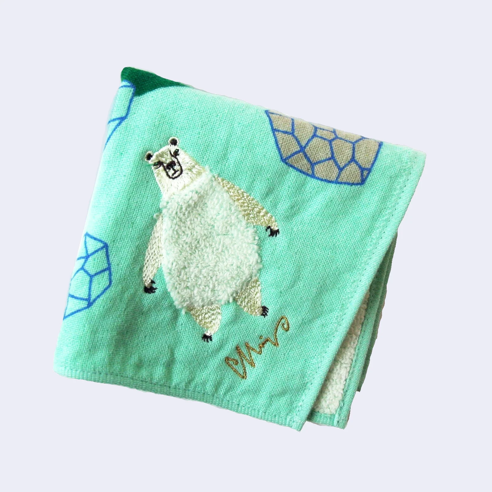 Fluffy Polar Bear w/ Mountains Square Towel/Handkerchief (Teal) - Image 2