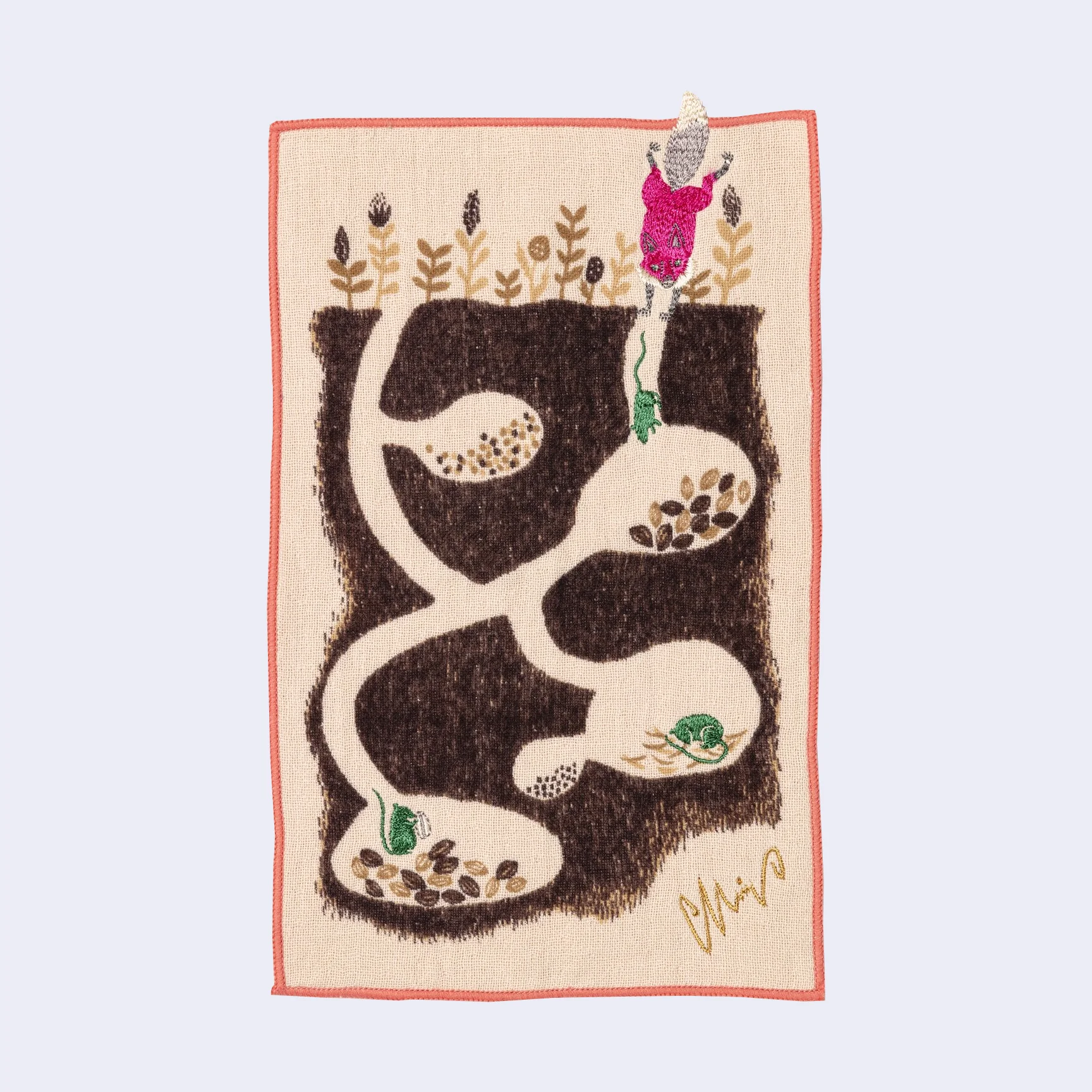 Fox & Mouse Burrows Embroidered Handkerchief Towel