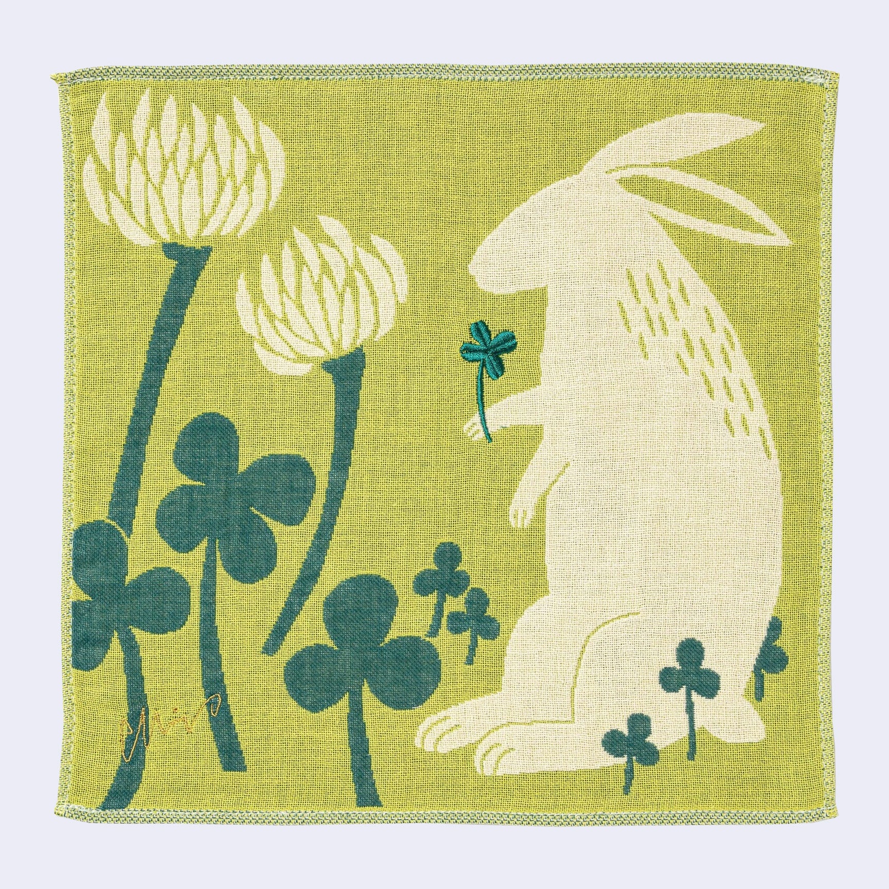 Rabbit w/ Clover Square Handkerchief (Green)