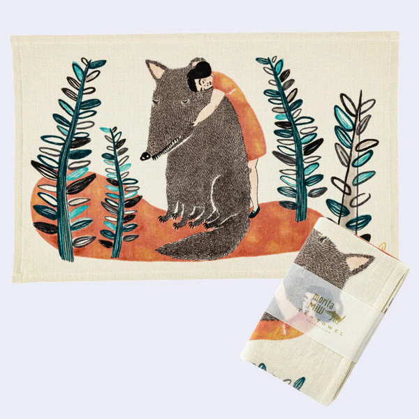 Wolf & Girl Large Rectangle Tea Towel (Beige and Blue)